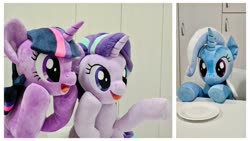 Size: 1024x576 | Tagged: safe, artist:nekokevin, starlight glimmer, trixie, twilight sparkle, pony, unicorn, series:nekokevin's glimmy, g4, female, irl, mare, open mouth, photo, plushie, raised hoof, smiling, underhoof, woman yelling at a cat