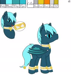 Size: 2465x2620 | Tagged: safe, artist:snow quill, oc, oc:guttatus, bat pony, fanfic:clocktower society, bat pony oc, bell, bust, cat bell, collar, cuffs, high res, reference sheet, side view, tail bell