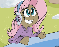 Size: 800x640 | Tagged: safe, artist:mirabuncupcakes15, fluttershy, human, best gift ever, g4, clothes, cute, dark skin, earmuffs, female, grin, humanized, pants, scene interpretation, shyabetes, smiling, solo, sweater, sweatershy, winter outfit