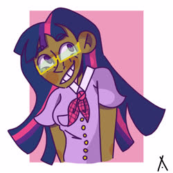 Size: 3000x3000 | Tagged: safe, artist:criatffit, twilight sparkle, human, g4, alternate hairstyle, blushing, bushy brows, clothes, dark skin, female, glasses, grin, high res, humanized, shirt, smiling, solo, thick eyebrows
