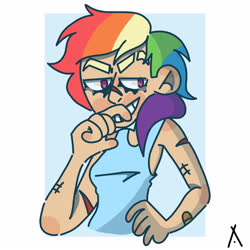 Size: 3000x3000 | Tagged: safe, artist:criatffit, rainbow dash, human, g4, alternate hairstyle, bandaid, bushy brows, clothes, female, grin, high res, humanized, scar, short hair, short hair rainbow dash, smiling, solo, tank top, thick eyebrows