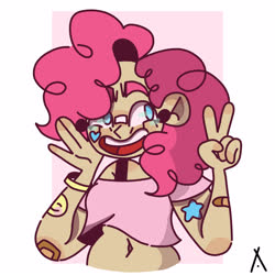 Size: 3000x3000 | Tagged: safe, artist:criatffit, pinkie pie, human, g4, alternate hairstyle, bandaid, bandaid on nose, belly button, black underwear, bra strap, bushy brows, chubby, clothes, female, high res, humanized, midriff, open mouth, peace sign, short shirt, smiley face, solo, tattoo, thick eyebrows, underwear