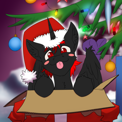 Size: 2000x2000 | Tagged: safe, artist:twotail813, oc, oc only, oc:dark star, alicorn, pony, :p, alicorn oc, base used, box, cardboard box, chest fluff, christmas, christmas lights, christmas tree, cute, ear fluff, hat, holiday, horn, male, no pupils, pony in a box, present, red and black oc, santa hat, solo, stallion, tongue out, tree