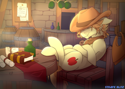 Size: 1792x1266 | Tagged: safe, artist:strafe blitz, braeburn, earth pony, pony, g4, barrel, book, bottle, candle, chair, male, scroll, sleeping, solo, stallion, table