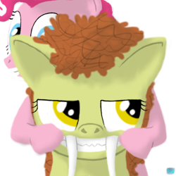 Size: 500x500 | Tagged: safe, artist:quint-t-w, pinkie pie, oc, oc:pointy white, earth pony, original species, pony, sabertooth pony, g4, annoyed, fangs, forced smile, old art, sharp teeth, simple background, smiling, teeth, transparent background
