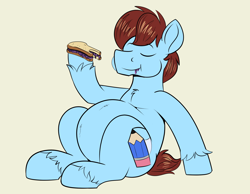 Size: 1890x1465 | Tagged: safe, artist:swiftsketchpone, oc, oc only, oc:swift sketch, earth pony, pony, belly, bhm, big belly, eating, eyes closed, fat, food, male, peanut butter and jelly, sandwich, solo, stallion