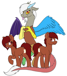Size: 1745x1979 | Tagged: safe, artist:mynder, discord, oc, oc:penn, oc:penny, draconequus, earth pony, pony, g4, duality, eris, female, heart hands, male, mare, rule 63, simple background, smiling, stallion, tongue out, transparent background, trio