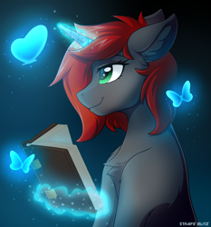Size: 2118x2271 | Tagged: safe, artist:strafe blitz, oc, oc only, butterfly, pony, unicorn, book, chest fluff, ear fluff, high res, magic, solo