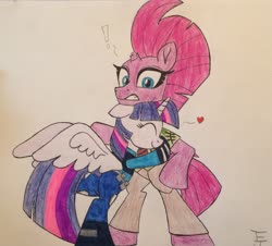 Size: 2422x2187 | Tagged: safe, artist:ejlightning007arts, tempest shadow, twilight sparkle, alicorn, pony, g4, butt, clothes, colored, cute, female, high res, hug, judy hopps, lesbian, love, nick wilde, plot, police uniform, raised leg, ship:tempestlight, shipping, surprised, traditional art, twilight sparkle (alicorn), zootopia