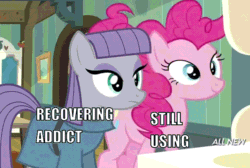 Size: 600x404 | Tagged: safe, edit, edited screencap, screencap, maud pie, pinkie pie, earth pony, pony, g4, maud pie (episode), season 4, animated, caption, duo, faic, female, gif, great moments in animation, image macro, implied drug use, implied drugs, mare, maud being maud, meme, pie sisters, pinkie being pinkie, rumbling, shaking, siblings, sisters, smear frame, text