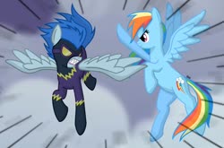 Size: 1280x847 | Tagged: safe, artist:banquo0, nightshade, rainbow dash, pegasus, pony, g4, clothes, costume, fight, flying, goggles, midair, shadowbolts, shadowbolts (nightmare moon's minions), shadowbolts costume, shadowbolts uniform