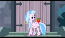 Size: 1024x600 | Tagged: safe, screencap, silverstream, classical hippogriff, hippogriff, school daze, apple, castle, claw hold, female, folded wings, food, happy, looking at something, outdoors, raised claw, raised eyebrow, smiling, solo, stairs, teenager, wings