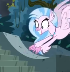 Size: 360x366 | Tagged: safe, edit, edited screencap, screencap, silverstream, classical hippogriff, hippogriff, g4, school daze, castle, close-up, cropped, cute, diastreamies, female, happy, outdoors, pointing, solo, spread wings, stairs, that hippogriff sure does love stairs, wings