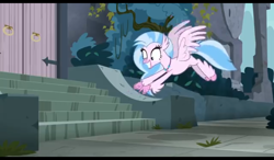 Size: 1024x600 | Tagged: safe, screencap, silverstream, classical hippogriff, hippogriff, g4, school daze, castle, cute, diastreamies, female, happy, outdoors, pointing, solo, spread wings, stairs, that hippogriff sure does love stairs, wings