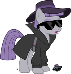 Size: 1909x1967 | Tagged: safe, artist:anime-equestria, boulder (g4), maud pie, earth pony, pony, g4, belt, belt buckle, clothes, collar, costume, detective, eyeshadow, female, hat, makeup, mare, open mouth, rock, simple background, solo, sunglasses, transparent background, trenchcoat, vector