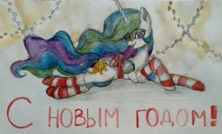 Size: 1080x653 | Tagged: safe, artist:taika403, princess celestia, alicorn, pony, g4, bow, christmas, clothes, cyrillic, female, holiday, present, russian, socks, solo, striped socks, traditional art