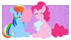 Size: 1150x650 | Tagged: safe, artist:ch-chau, pinkie pie, rainbow dash, earth pony, pegasus, pony, g4, :t, abstract background, cotton candy, cute, dashabetes, diapinkes, duo, eating, eyes closed, female, mare, open mouth, sitting