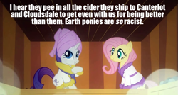 Size: 1155x620 | Tagged: safe, edit, edited screencap, screencap, fluttershy, rarity, pony, unicorn, g4, caption, cider, female, hypocrisy, implied piss drinking, mare, op is a duck, op is trying to start shit, out of character, pony racism, racism