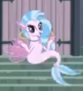 Size: 172x188 | Tagged: safe, screencap, silverstream, hippogriff, seapony (g4), g4, school daze, cropped, female, happy, low quality, outdoors, seapony silverstream, sitting, solo, spread arms, spread fins, stairs