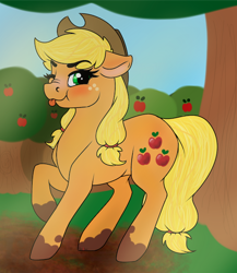 Size: 528x608 | Tagged: safe, artist:honiibree, artist:squigglejot, applejack, earth pony, pony, g4, :p, apple, apple tree, collaboration, cute, female, jackabetes, looking at you, mare, mud, muddy, muddy hooves, nose wrinkle, one eye closed, scrunchy face, solo, tongue out, tree, wink