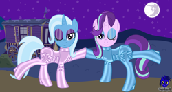 Size: 8680x4654 | Tagged: safe, alternate version, artist:damlanil, starlight glimmer, trixie, pony, unicorn, g4, bondage, bush, catsuit, clothes, commission, duo, eyeshadow, female, gimp suit, high heels, hoofbump, horn, latex, latex suit, looking at you, makeup, mare, moon, one eye closed, raised hoof, rubber, shiny, shoes, smiling, tree, trixie's wagon, wink