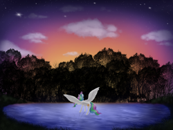 Size: 500x375 | Tagged: safe, artist:honiibree, princess celestia, alicorn, pony, g4, cloud, face not visible, facing away, female, glowing horn, horn, lake, mare, scenery, sky, solo, spread wings, stars, sunset, tree, water, wings