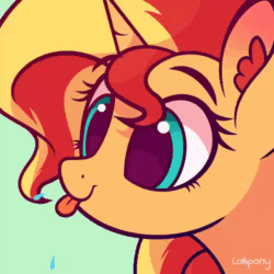 Size: 500x500 | Tagged: safe, artist:lollipony, part of a set, sunset shimmer, pony, unicorn, g4, :p, animated, bust, cute, ear fluff, eye shimmer, female, gif, green background, mare, portrait, raspberry, raspberry noise, shimmerbetes, silly, silly pony, simple background, solo, spit, spittle, tongue out, ych result