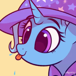Size: 500x500 | Tagged: safe, artist:lollipony, part of a set, trixie, pony, unicorn, g4, :p, animated, bust, cape, clothes, cute, diatrixes, eye shimmer, female, gif, hat, mare, portrait, raspberry, raspberry noise, silly, silly pony, simple background, solo, spit, spittle, tongue out, trixie's cape, trixie's hat, ych result, yellow background