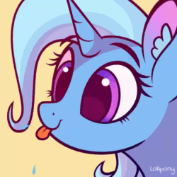 Size: 500x500 | Tagged: safe, alternate version, artist:lollipony, part of a set, trixie, pony, unicorn, g4, :p, animated, bust, cute, diatrixes, ear fluff, eye shimmer, female, gif, mare, portrait, raspberry, raspberry noise, silly, silly pony, simple background, solo, spit, spittle, tongue out, ych result, yellow background
