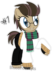 Size: 682x932 | Tagged: safe, artist:bluedinoadopts, oc, oc only, oc:time liz, earth pony, pony, clothes, female, fingerless gloves, glasses, gloves, grin, jeans, mare, pants, raised hoof, scarf, simple background, smiling, solo, sweater, transparent background