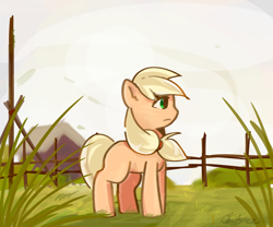 Size: 1200x1000 | Tagged: safe, artist:whiskyice, applejack, earth pony, pony, g4, countryside, female, fence, grass, hatless, mare, missing accessory, missing cutie mark, profile, solo