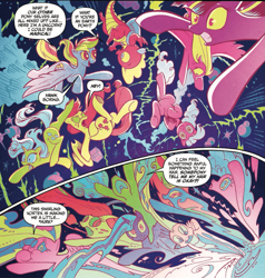 Size: 1171x1232 | Tagged: safe, artist:andy price, idw, official comic, applejack, fluttershy, pinkie pie, rainbow dash, rarity, spike, twilight sparkle, alicorn, dragon, earth pony, pegasus, pony, g4, reflections, spoiler:comic, spoiler:comic18, armpits, backpack, comic, female, interdimensional travel, magic, male, mane seven, mane six, mare, nauseous, pony racism, psychedelic, speech bubble, twilight sparkle (alicorn)