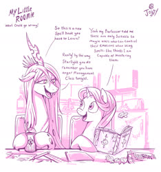 Size: 2062x2205 | Tagged: safe, artist:jowyb, queen chrysalis, starlight glimmer, changeling, changeling queen, parasprite, pony, unicorn, series:my little roomie, g4, book, dialogue, drink, duo, female, food, high res, kitchen, magic, mare, monochrome, open mouth, parabites, roommates, simple background, straw, telekinesis, this will not end well, white background