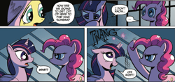 Size: 1171x552 | Tagged: safe, artist:andypriceart, idw, official comic, fluttershy, pinkie pie, twilight sparkle, alicorn, earth pony, pegasus, pony, g4, reflections, spoiler:comic, spoiler:comic18, comic, cropped, female, horn, horn flick, mare, pinkie pie is not amused, speech bubble, twilight sparkle (alicorn), unamused