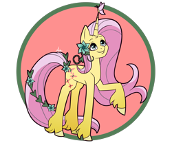Size: 1200x1000 | Tagged: safe, artist:spaded aces, fluttershy, butterfly, pony, unicorn, g4, butterfly on horn, female, flower, flower in hair, fluttershy (g5 concept leak), g5 concept leak style, g5 concept leaks, horn, looking at something, looking up, raised hoof, redesign, simple background, smiling, solo, three quarter view, unicorn fluttershy, unshorn fetlocks, vine