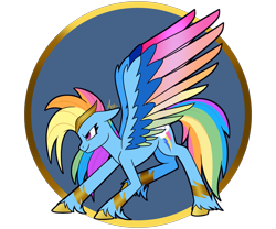 Size: 1200x1000 | Tagged: safe, artist:spaded aces, rainbow dash, pegasus, pony, g4, accessory, badass, bracer, colored wings, female, g5 concept leak style, g5 concept leaks, jewelry, mare, multicolored wings, rainbow dash (g5 concept leak), rainbow wings, redesign, simple background, solo, spread wings, tiara, unshorn fetlocks, wings