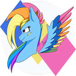 Size: 1280x1280 | Tagged: safe, artist:spaded aces, rainbow dash, pegasus, pony, g4, accessory, bust, colored wings, female, g5 concept leak style, g5 concept leaks, jewelry, multicolored wings, rainbow dash (g5 concept leak), rainbow wings, redesign, simple background, solo, tiara, wings