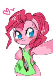 Size: 814x1163 | Tagged: safe, artist:destroyer_aky, pinkie pie, earth pony, pony, apron, bipedal, blushing, clothes, cute, diapinkes, female, food, frosting, heart, hoof hold, mare, no pupils, simple background, solo, spatula, white background