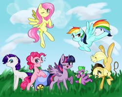 Size: 2000x1600 | Tagged: safe, artist:destroyer_aky, applejack, fluttershy, pinkie pie, rainbow dash, rarity, spike, twilight sparkle, alicorn, dragon, earth pony, pegasus, pony, unicorn, g4, blushing, cloud, female, flying, lasso, looking at you, male, mane seven, mane six, mare, missing cutie mark, one eye closed, open mouth, outdoors, party cannon, rope, sky, smiling, spread wings, twilight sparkle (alicorn), winged spike, wings, wink