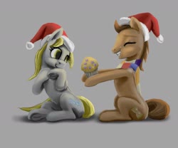 Size: 1600x1334 | Tagged: safe, artist:odooee, derpy hooves, doctor whooves, time turner, earth pony, pegasus, pony, g4, christmas, cute, female, food, gray background, holiday, male, muffin, ship:doctorderpy, shipping, simple background, straight