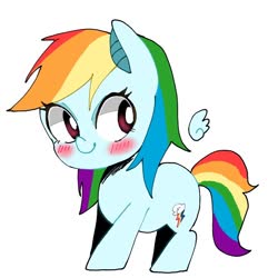 Size: 768x768 | Tagged: safe, artist:destroyer_aky, rainbow dash, pegasus, pony, g4, blushing, chibi, cute, dashabetes, female, floating wings, mare, simple background, smiling, solo, white background, wings