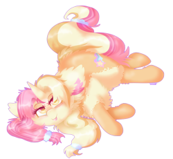 Size: 2300x2120 | Tagged: safe, artist:vanillaswirl6, oc, oc:sunrise, pony, unicorn, :p, art trade, female, fluffy, hair accessory, high res, on side, simple background, solo, tongue out, transparent background
