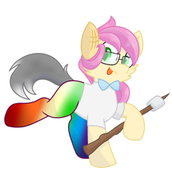 Size: 1200x1200 | Tagged: safe, artist:rainbow eevee, oc, oc only, oc:dcbud, pony, wolf, 2020 community collab, derpibooru community collaboration, bowtie, colored pupils, cute, female, filly, food, glasses, looking at you, marshmallow, s'mores, simple background, solo, stick, tongue out, transparent background