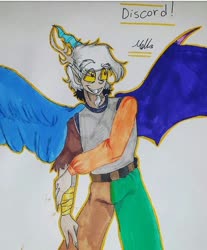 Size: 492x594 | Tagged: safe, artist:mhyyy.v, discord, human, g4, horn, horned humanization, humanized, male, solo, traditional art, winged humanization, wings