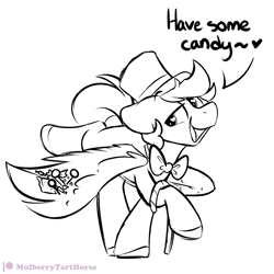 Size: 2000x2000 | Tagged: safe, artist:mulberrytarthorse, oc, oc only, oc:flavorful sweets, pegasus, pony, bowtie, candy, cane, floppy ears, food, hat, heart, heart eyes, high res, male, monochrome, solo, stallion, top hat, wingding eyes