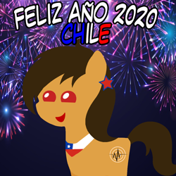 Size: 960x960 | Tagged: safe, artist:archooves, oc, oc only, oc:chilenia, earth pony, pony, 2020, chile, female, fireworks, happy new year, holiday, mare, nation ponies, open mouth, pointy ponies, ponified, smiling, solo, spanish