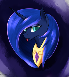 Size: 1147x1280 | Tagged: safe, artist:renarde-louve, princess luna, pony, g4, accessory swap, alternate hairstyle, bust, gradient background, looking at you, peytral, tongue out