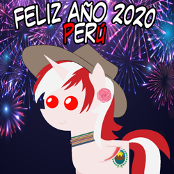 Size: 960x960 | Tagged: safe, artist:archooves, oc, oc only, oc:princess peruvia, alicorn, pony, 2020, alicorn oc, female, fireworks, happy new year, hat, holiday, horn, mare, nation ponies, peru, pointy ponies, ponified, smiling, solo, spanish