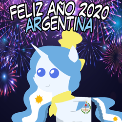 Size: 960x960 | Tagged: safe, artist:archooves, oc, oc only, oc:princess argenta, alicorn, pony, 2020, alicorn oc, argentina, female, fireworks, happy new year, holiday, horn, mare, nation ponies, pointy ponies, ponified, smiling, solo, spanish