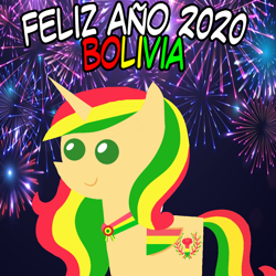 Size: 960x960 | Tagged: safe, artist:archooves, oc, oc only, oc:kantuta (miski' hooves), alicorn, pony, 2020, alicorn oc, bolivia, female, fireworks, happy new year, holiday, horn, mare, nation ponies, pointy ponies, ponified, smiling, solo, spanish